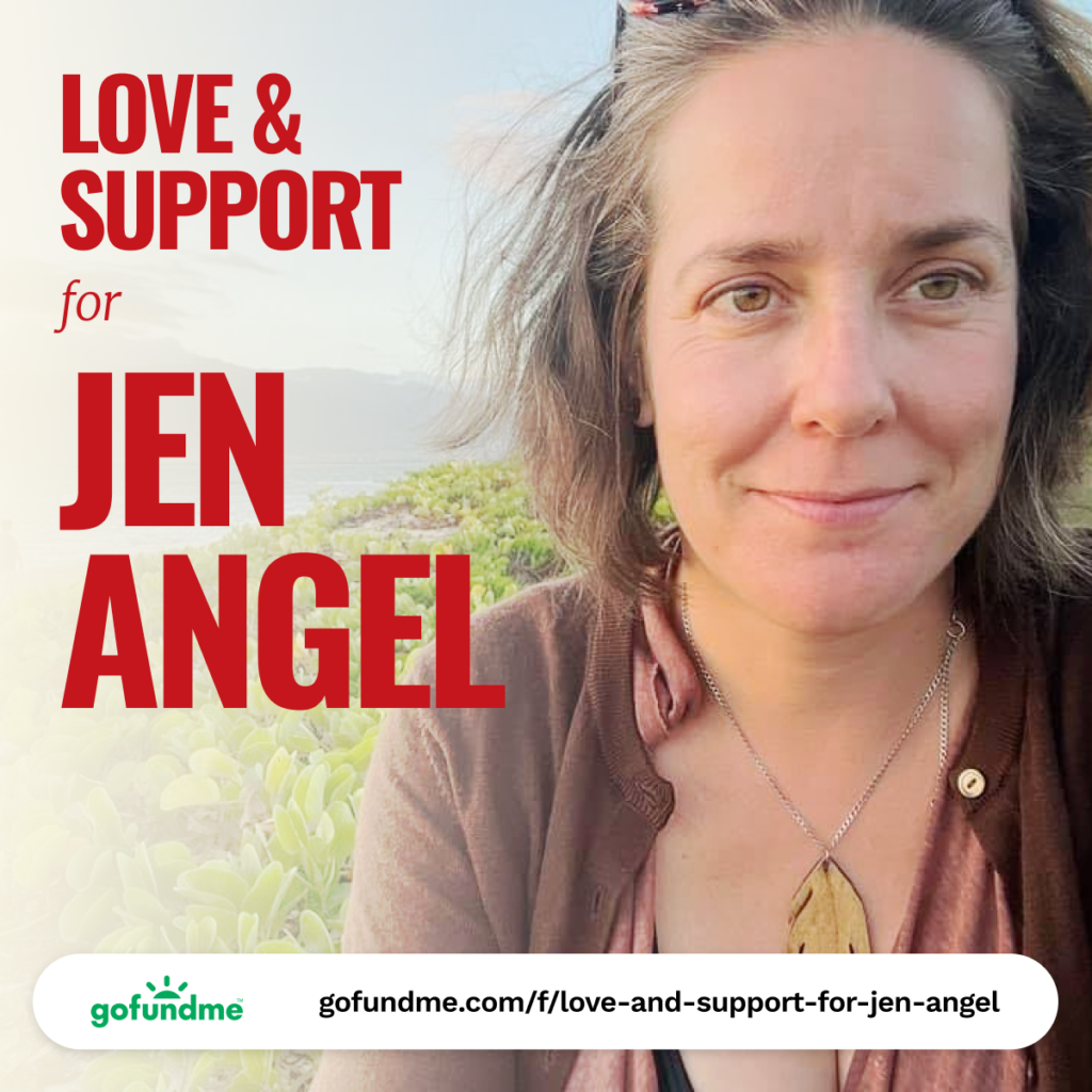 Love & Support for Jen Angel social media graphic with GoFundMe link